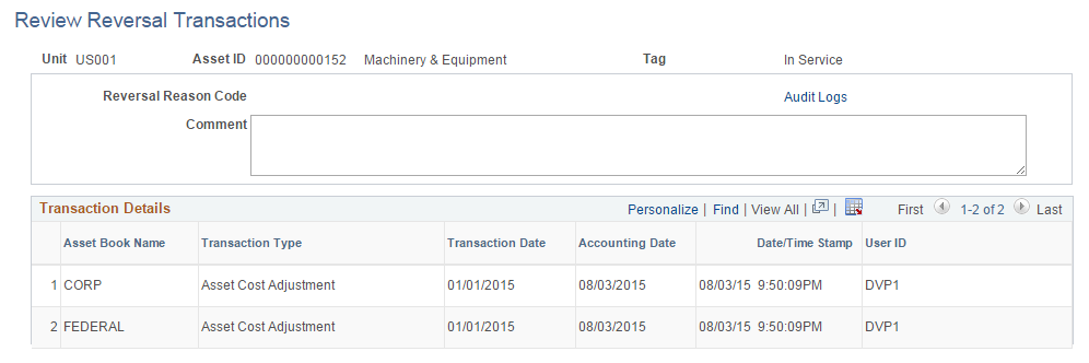 Review Reversal Transactions Page