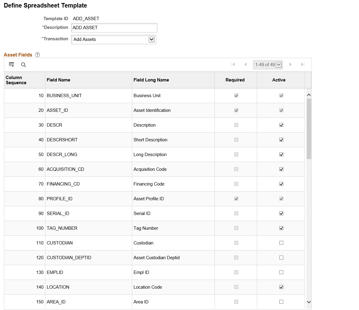 Define Spreadsheet Template Page (Add Assets)