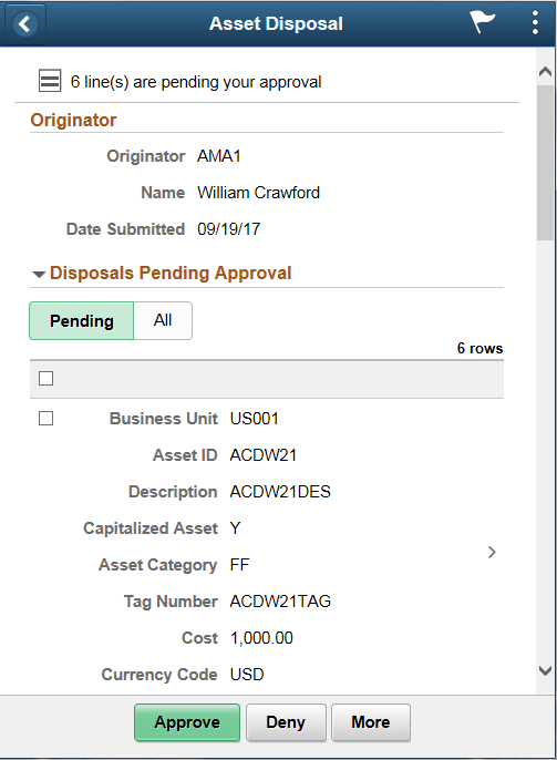 Fluid Asset Disposal Approval Header Details Page Smartphone