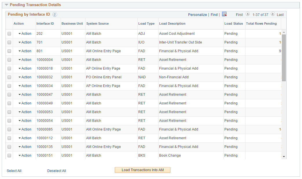 AM WorkCenter - Business Unit Transaction Loader page (2 of 2)