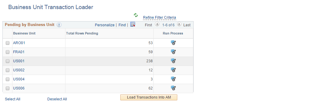 AM WorkCenter - Business Unit Transaction Loader page (1 of 2)