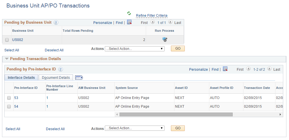 AM WorkCenter - Business Unit APPO Transactions page (1 of 2)