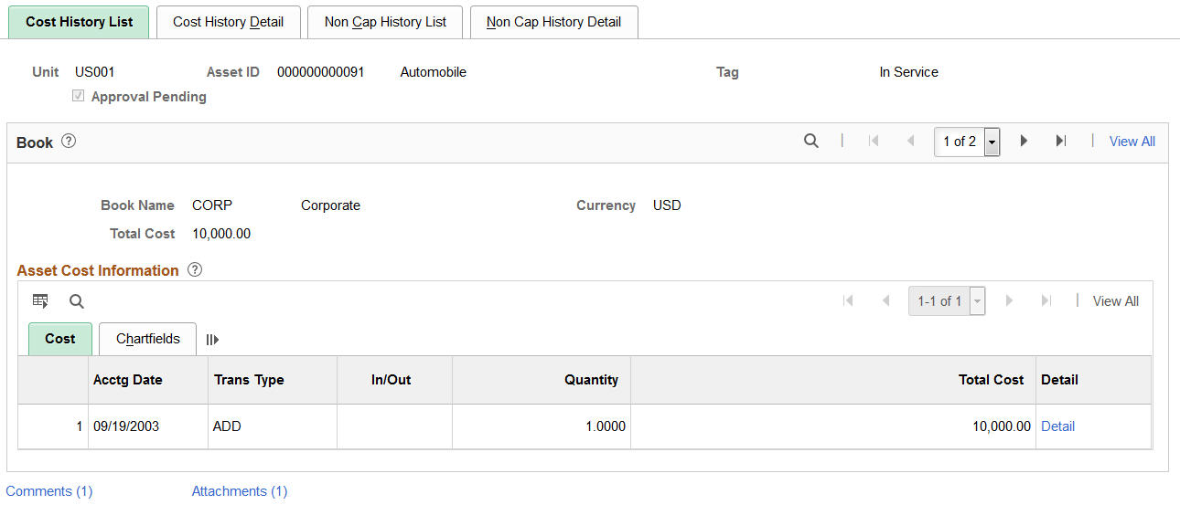 Cost History List page