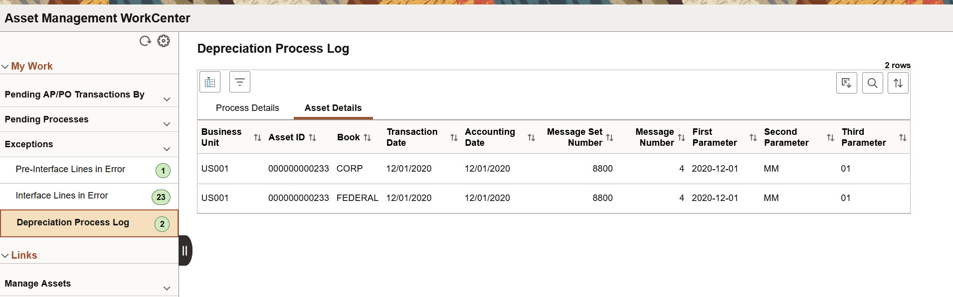 Depreciation Process Log page - Asset Details tab