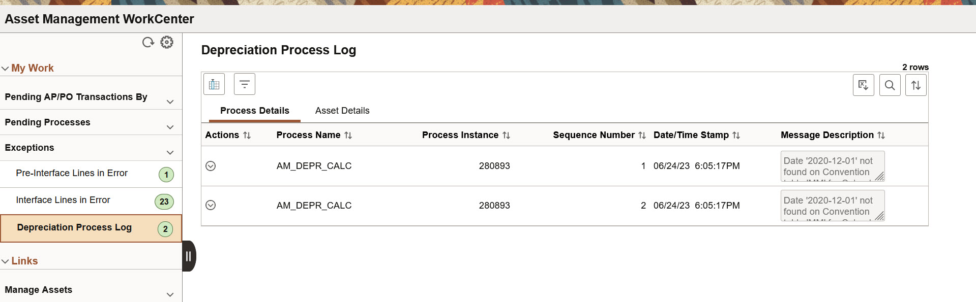 Depreciation Process Log page