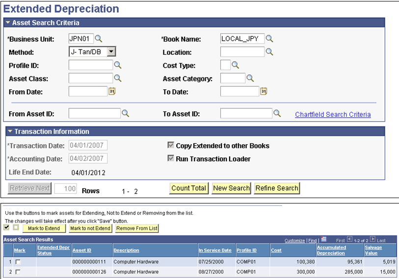 Extended Depreciation page