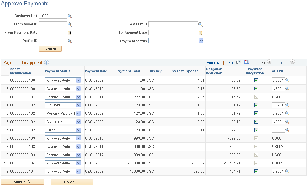 Approve Payments page