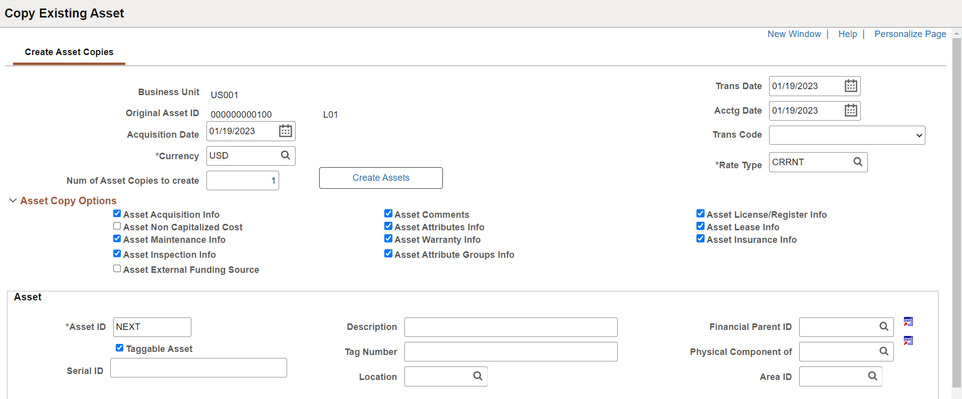 Create Asset Copies page (1 of 2)