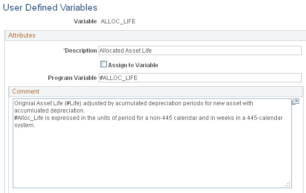 User Defined Variables page