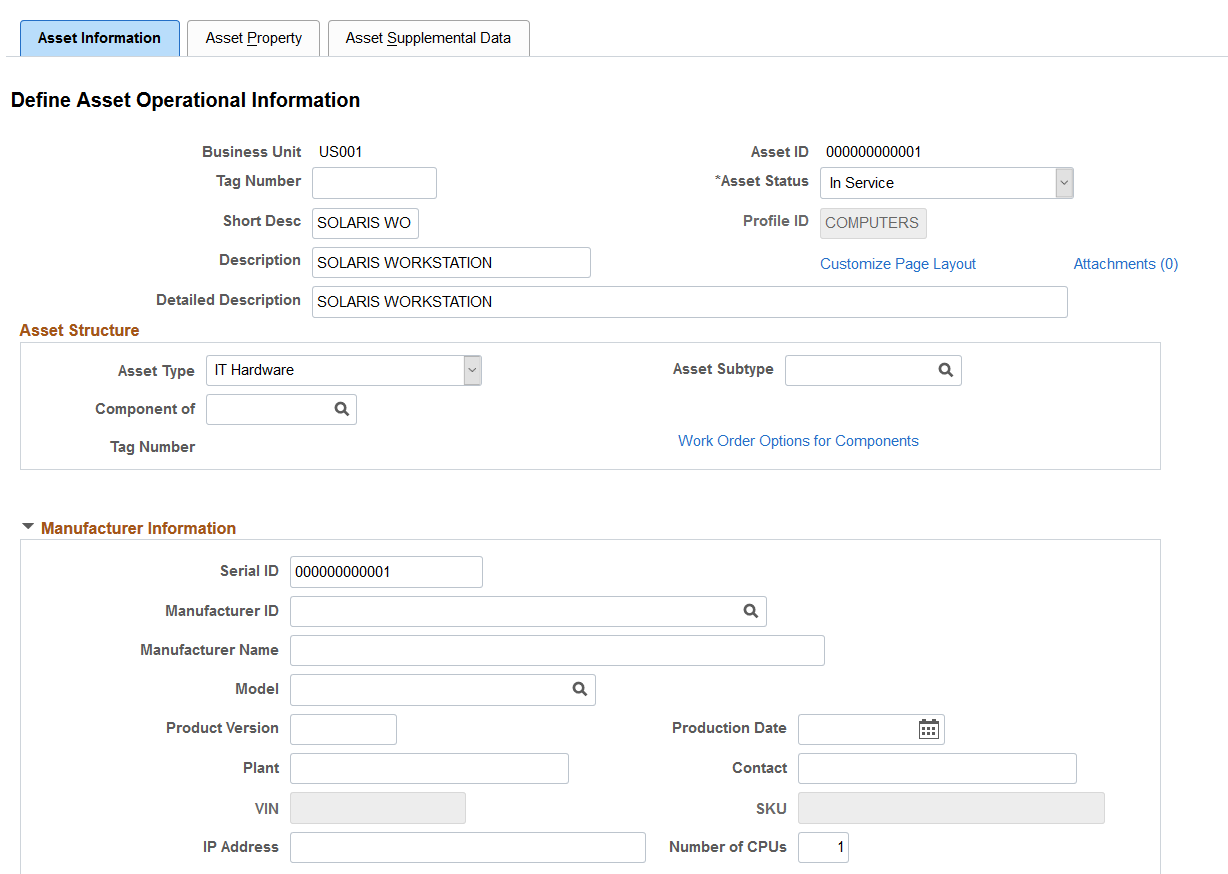 Asset Information - Define Asset Operational Information page (1 of 5)