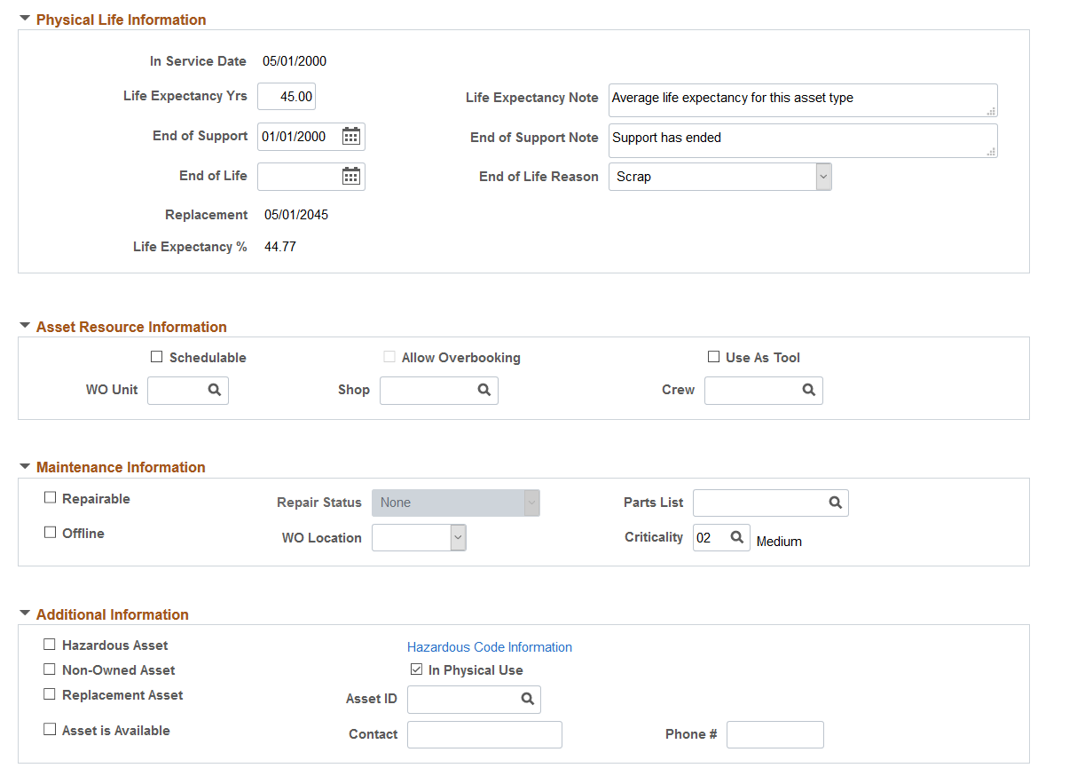 Asset Information - Define Asset Operational Information page (2 of 5)