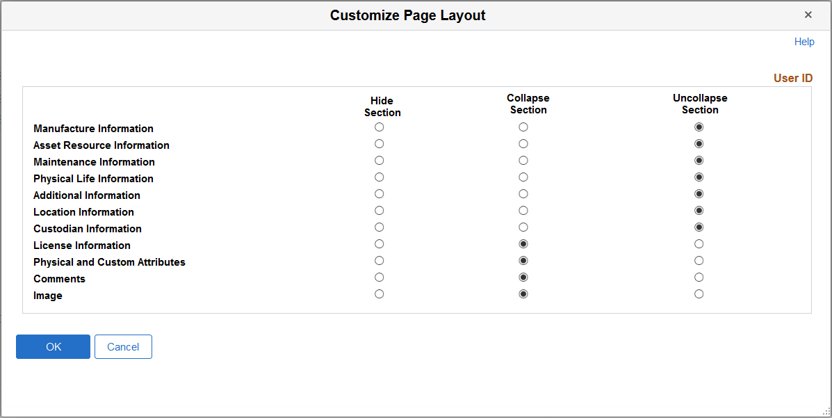 Define Asset Operational Information - Customize Page Layout page