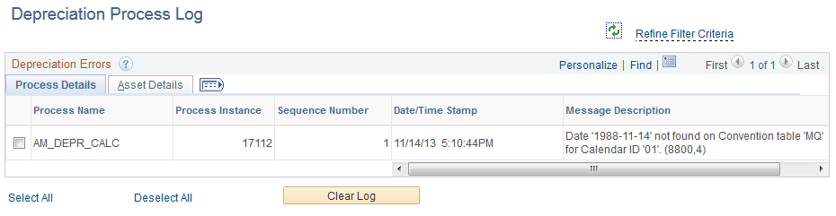 Depreciation Process Log page - Process Details tab