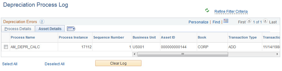 Depreciation Process Log page - Asset Details tab