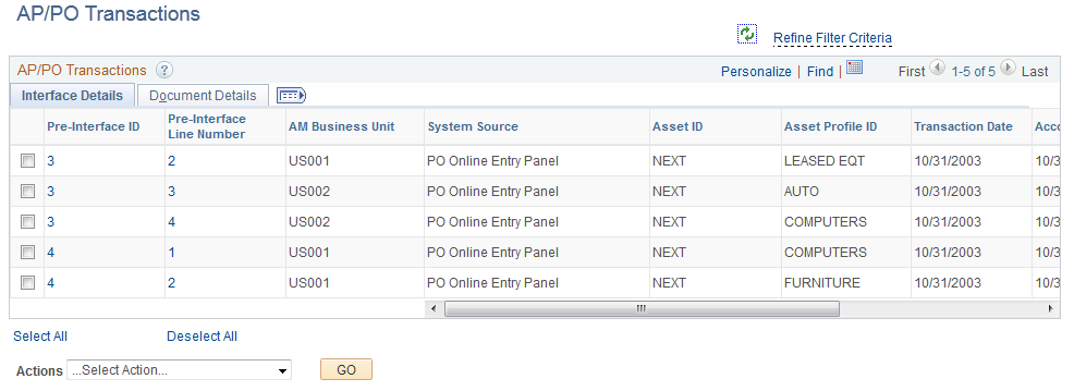 APPO Transactions page - Interface Details tab