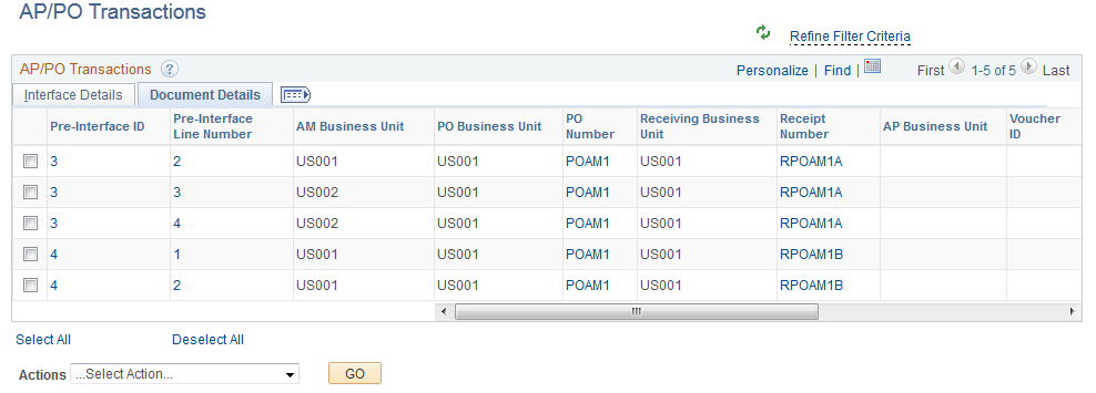 AP/PO Transactions page - Document Details tab