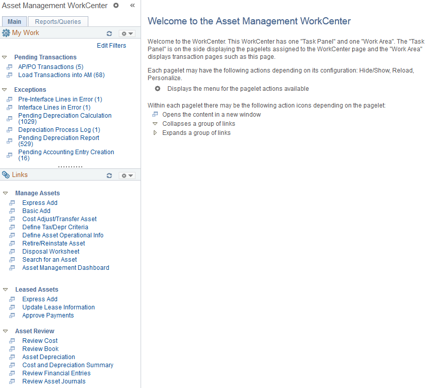 Asset Management WorkCenter page