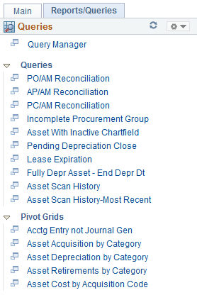 Asset Management WorkCenter - Queries page