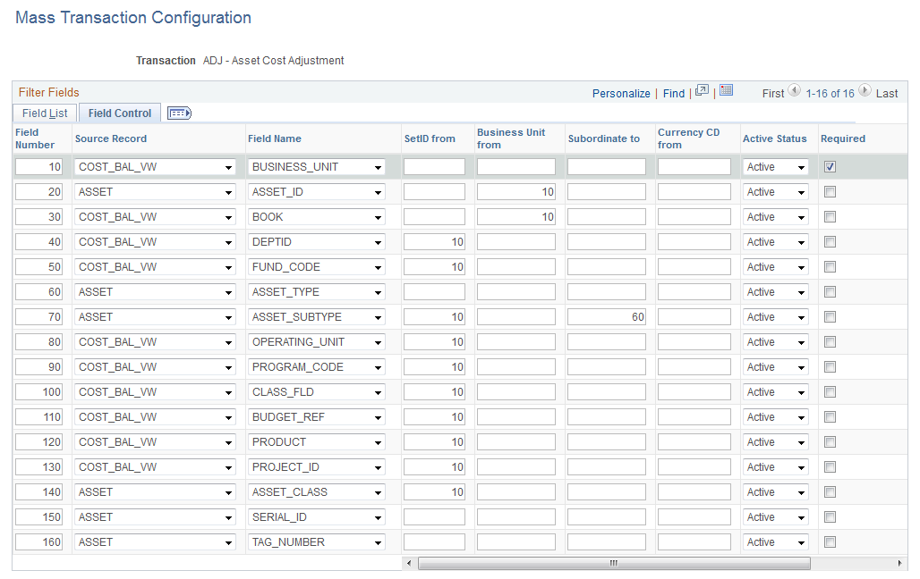 Mass Transaction Configuration page - Field Control tab