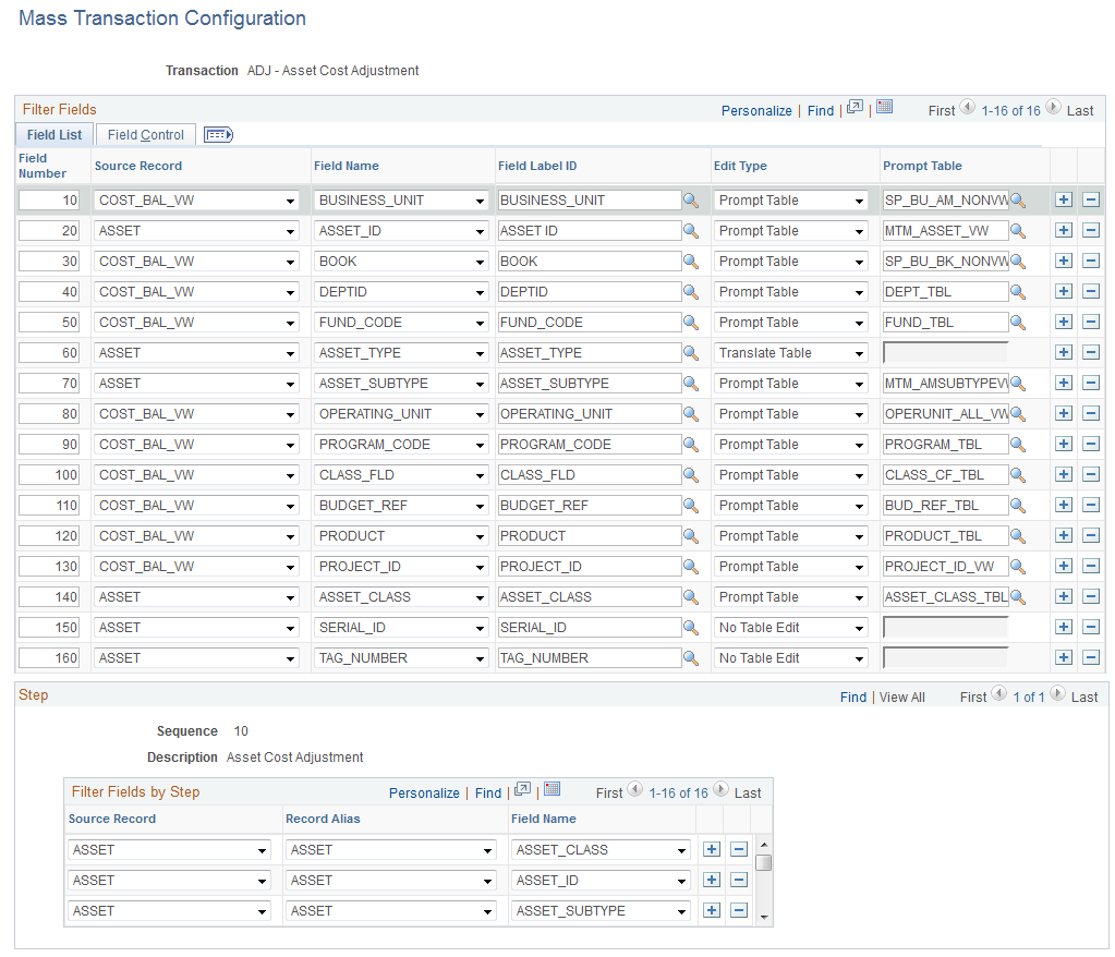 Mass Transaction Configuration page