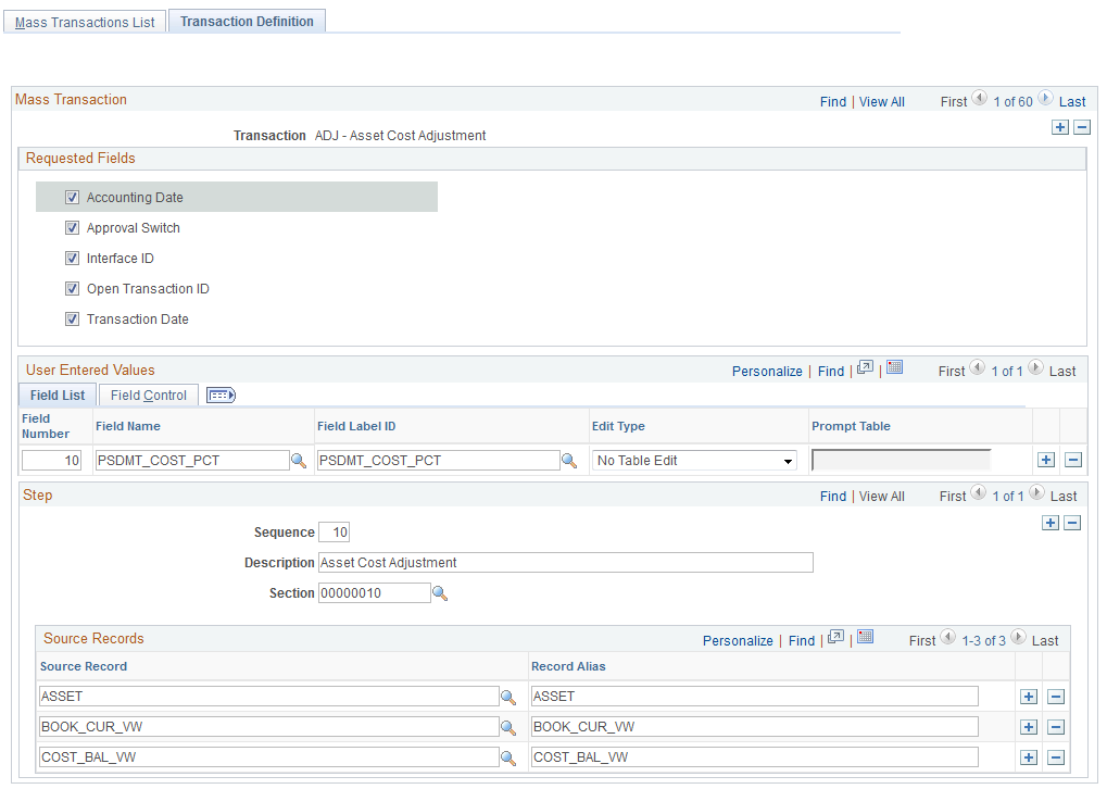 Transaction Definition page