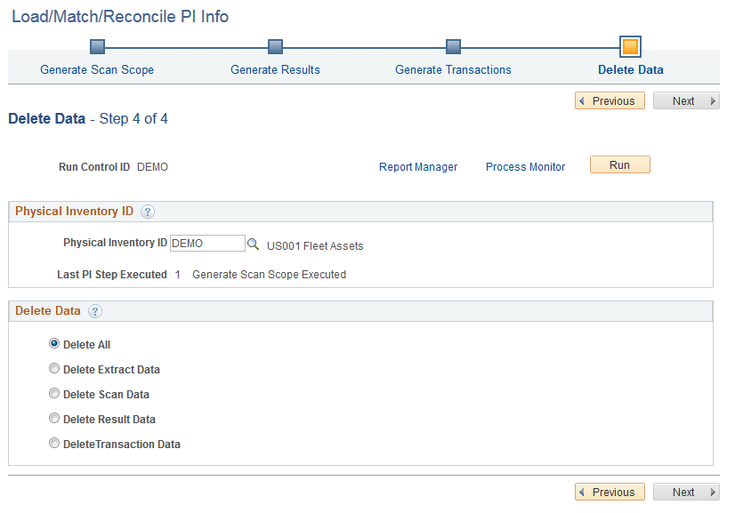 Load/Match/Reconcile PI Info - Delete Data page (Mobile Physical Inventory)