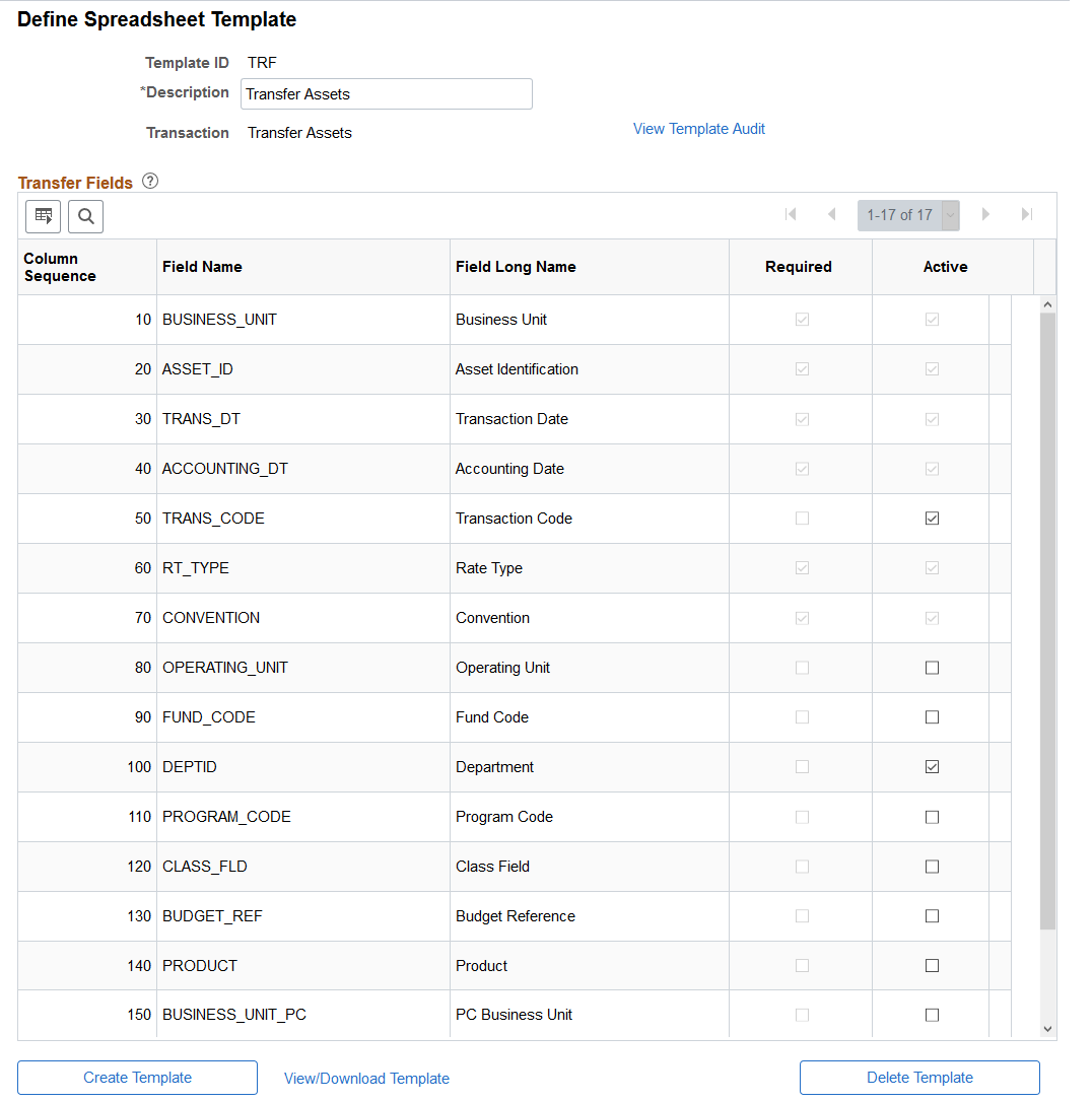 Define Spreadsheet Template Page (Chartfield Transfer)