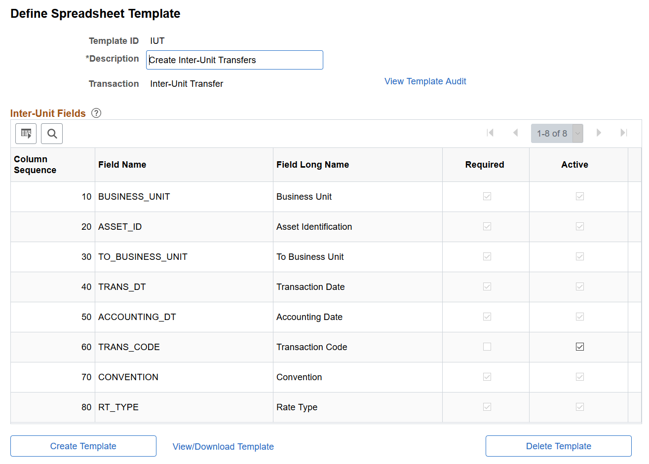 Define Spreadsheet Template Page (Inter-Unit Transfer)