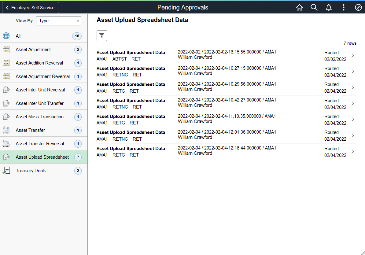 Pending Approvals - Asset Upload Spreadsheet page