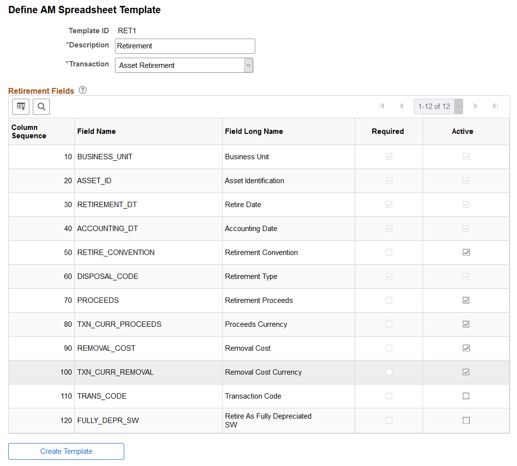 Define Spreadsheet Template Page (Retire Assets)