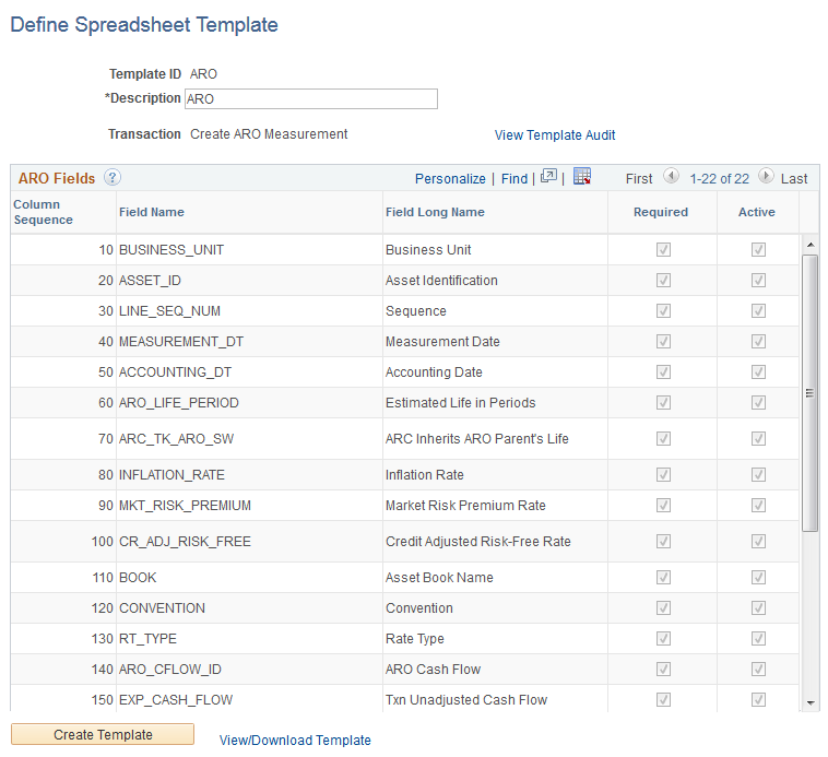 Define Spreadsheet Template Page (Create ARO Measurement)