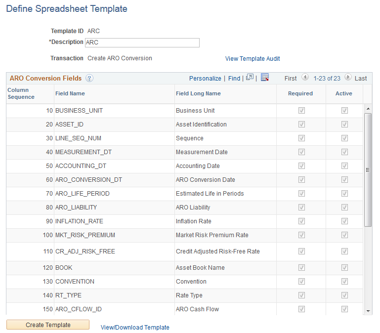 Define Spreadsheet Template Page (Create ARO Conversion)