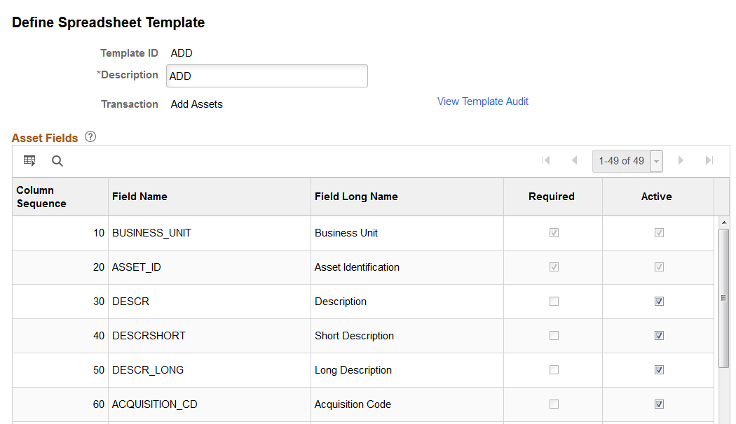 Define Spreadsheet Template page (1 of 2)