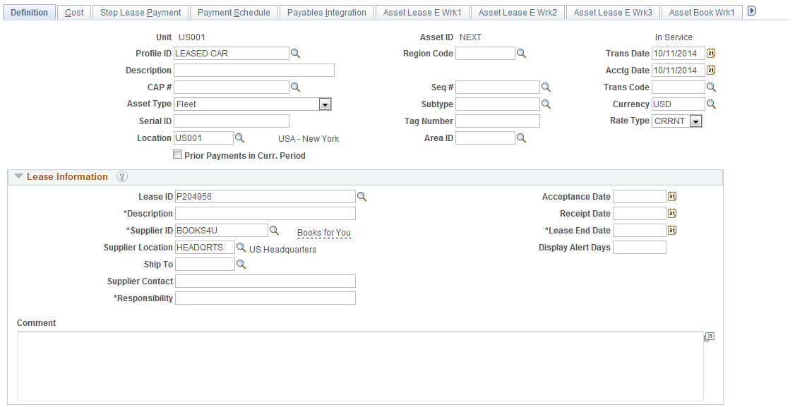 Leased Assets - Express Add - Definition Page