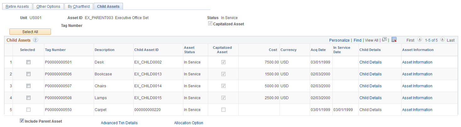 Retire/Reinstate Asset - Child Assets page