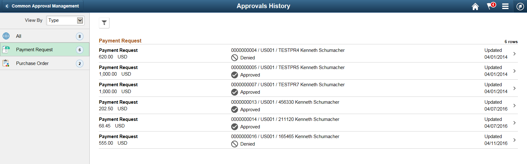 Approvals History PR Page