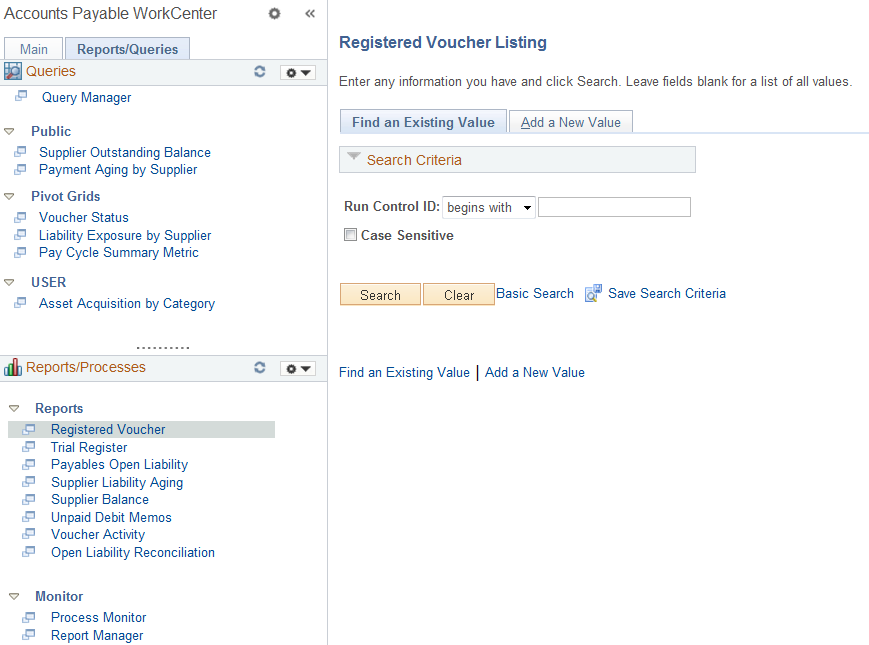 Accounts Payable WorkCenter Reports Processes Page