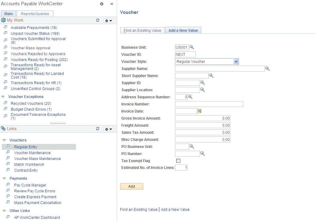 Accounts Payable WorkCenter Links Page