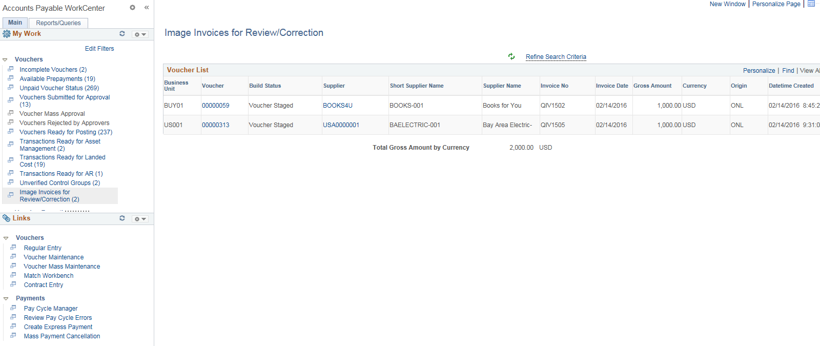 Accounts Payable WorkCenter Page