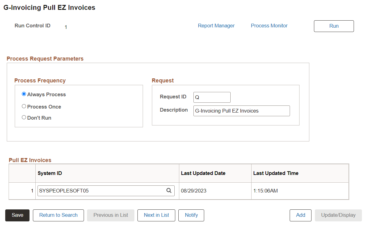 G-Invoicing Pull EZ Invoices page