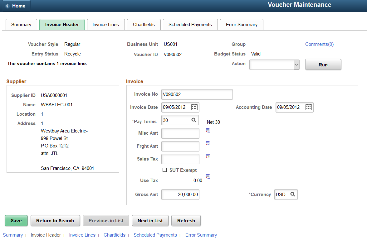 Voucher Maintenance - Invoice Header page