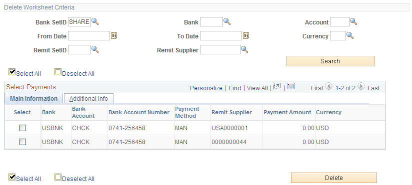 Delete Payment Worksheet page