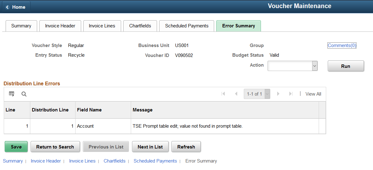 Voucher Maintenance - Error Summary page