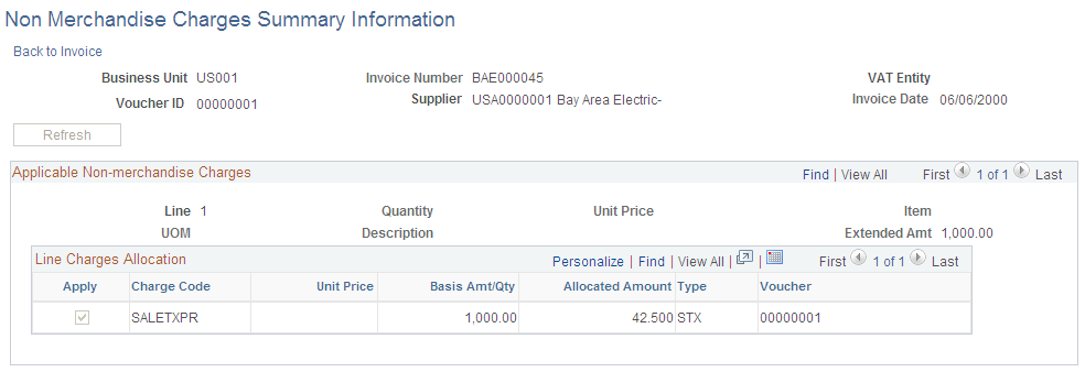 Non Merchandise Charges Summary Information page