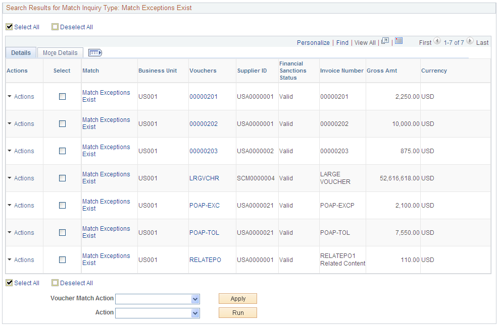 Match Workbench page - Match Exceptions Exist selection (2 of 2)