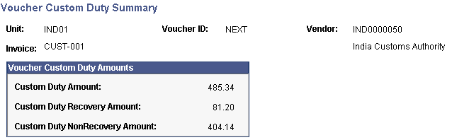 Voucher Custom Duty Summary page