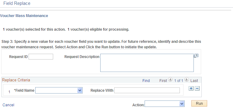 Voucher Mass Maintenance - Field Replace page