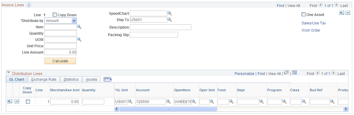 Invoice Lines scroll area on the Invoice Information page, with an invoice line charged to an OpenItem account