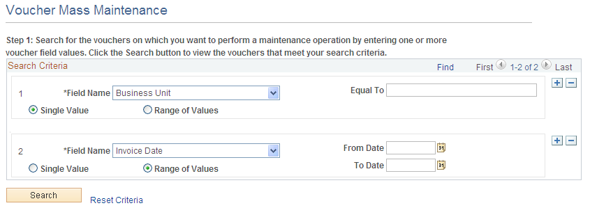 Voucher Mass Maintenance page (1 of 2)