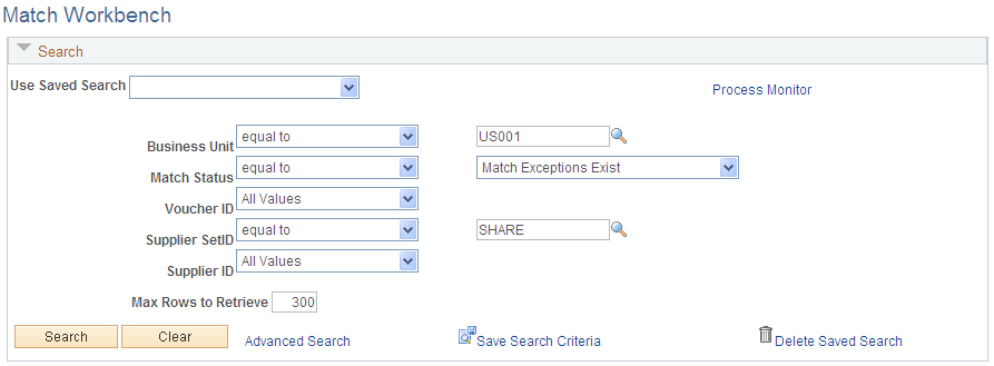 Match Workbench page - Match Exceptions Exist selection (1 of 2)